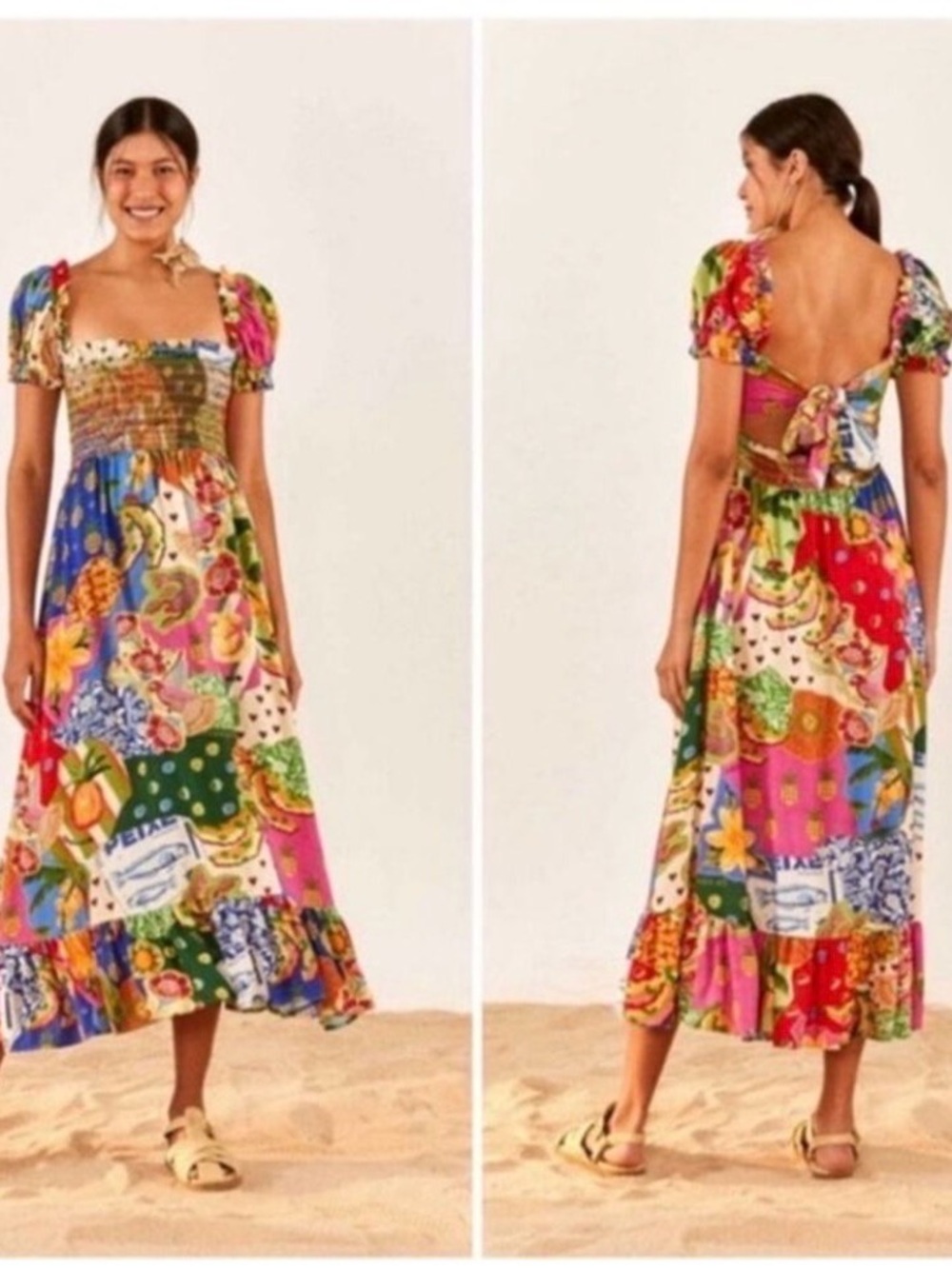 NEW Farm Rio Sunny Mix Midi Dress Size XL Tropical Print Puff Sleeves Tie Back